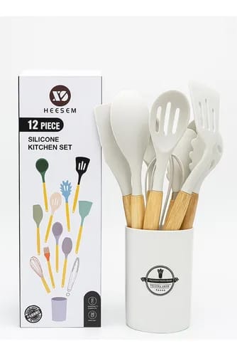 12-Piece Silicone Cooking Utensils Set with Wooden Handles