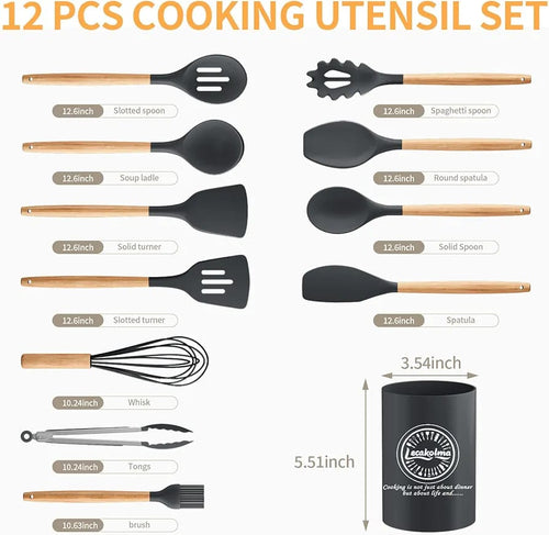 12-Piece Silicone Cooking Utensils Set with Wooden Handles