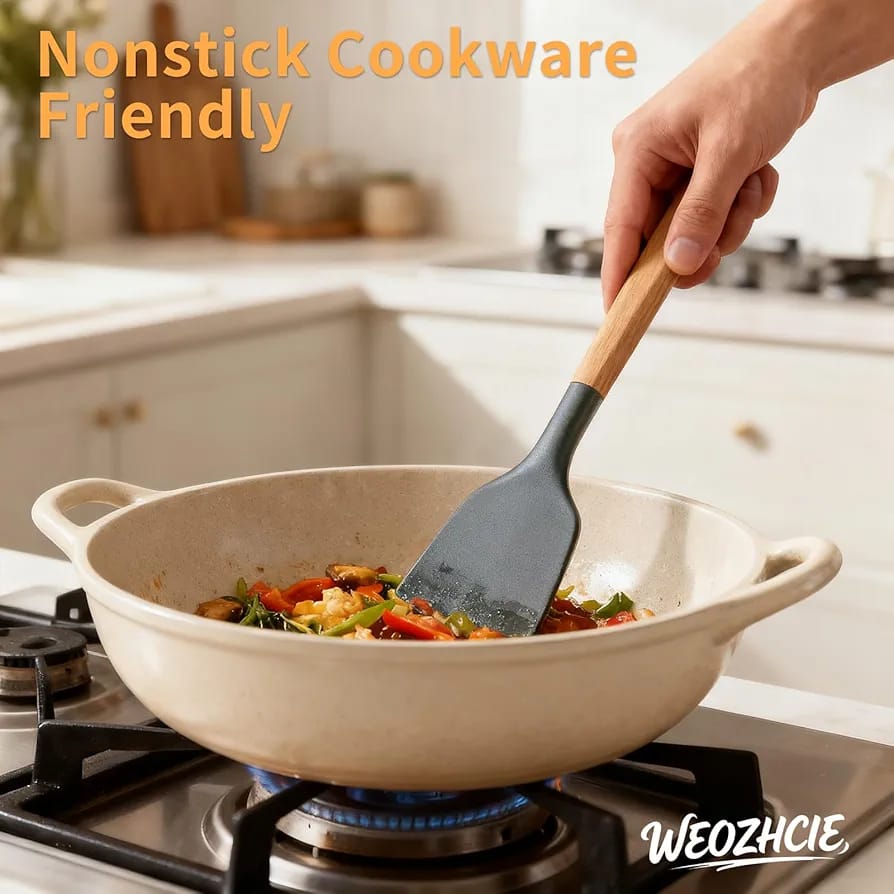 12-Piece Silicone Cooking Utensils Set with Wooden Handles